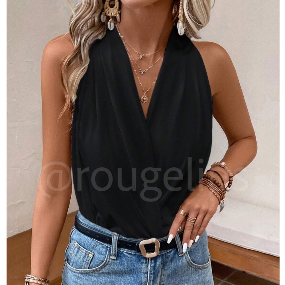 Black Satin Bodysuit Deep V-Neck Overlapping Front